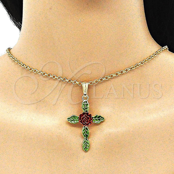 Gold Filled Pendant — Religious Pendant Cross and Flower Design Polished Tricolor — alternate product view — SKU 140573 | Oro Laminado dije — Religious Pendant cruz and flor diseño pulido Tricolor — SKU 140573