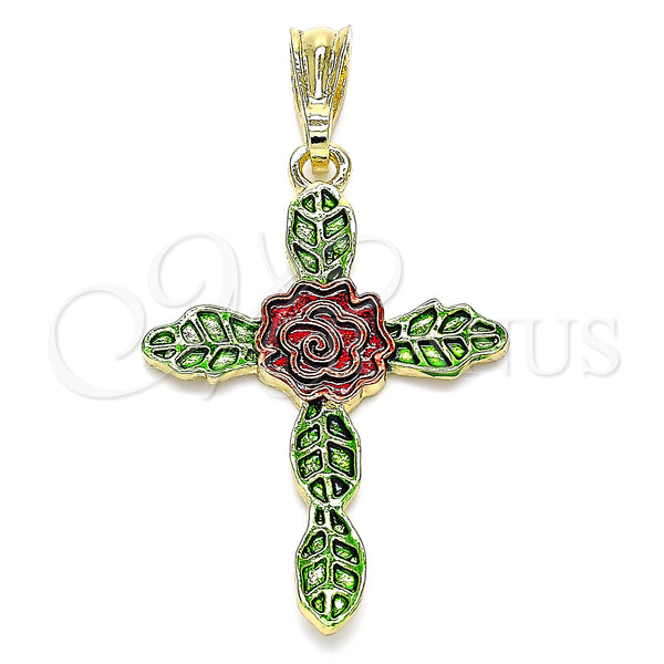 Gold Filled Pendant — Religious Pendant Cross and Flower Design Polished Tricolor — main product view — SKU 140573 | Oro Laminado dije — Religious Pendant cruz and flor diseño pulido Tricolor — SKU 140573