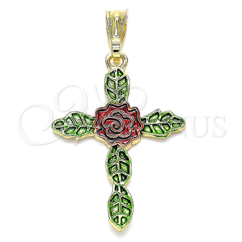 Oro Laminado Religious Pendant, Gold Filled Style Cross and Flower Design, Polished, Tricolor, 05.351.0162
