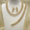 Oro Laminado Necklace, Bracelet and Earring, Gold Filled Style Miami Cuban Design, with White Crystal, Polished, Golden Finish, 06.372.0026