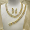 Oro Laminado Necklace, Bracelet and Earring, Gold Filled Style Miami Cuban Design, with White Crystal, Polished, Golden Finish, 06.372.0028