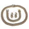 Oro Laminado Necklace, Bracelet and Earring, Gold Filled Style Miami Cuban Design, with White Crystal, Polished, Golden Finish, 06.372.0028