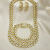 Oro Laminado Necklace, Bracelet and Earring, Gold Filled Style Miami Cuban Design, with White Crystal, Polished, Golden Finish, 06.372.0028