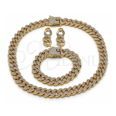 Oro Laminado Necklace, Bracelet and Earring, Gold Filled Style Miami Cuban Design, with White Crystal, Polished, Golden Finish, 06.372.0028