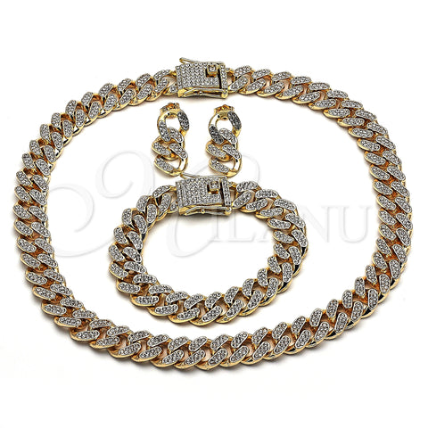 Oro Laminado Necklace, Bracelet and Earring, Gold Filled Style Miami Cuban Design, with White Crystal, Polished, Golden Finish, 06.372.0028