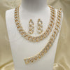 Oro Laminado Necklace, Bracelet and Earring, Gold Filled Style Miami Cuban Design, with White Crystal, Polished, Golden Finish, 06.372.0029