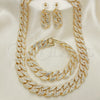 Oro Laminado Necklace, Bracelet and Earring, Gold Filled Style Miami Cuban Design, with White Crystal, Polished, Golden Finish, 06.372.0029