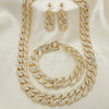 Oro Laminado Necklace, Bracelet and Earring, Gold Filled Style Miami Cuban Design, with White Crystal, Polished, Golden Finish, 06.372.0029