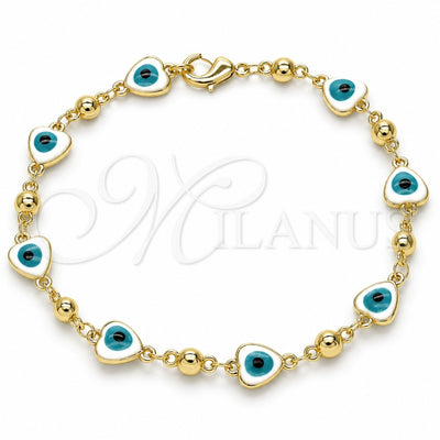 Oro Laminado Fancy Bracelet, Gold Filled Style Evil Eye and Heart Design, White Enamel Finish, Golden Finish, 03.213.0037.08 (08 MM Thickness, 8 Inches Length)