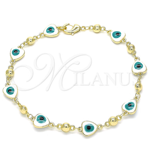 Oro Laminado Fancy Bracelet, Gold Filled Style Evil Eye and Heart Design, White Enamel Finish, Golden Finish, 03.213.0037.08 (08 MM Thickness, 8 Inches Length)
