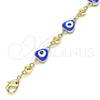 Oro Laminado Fancy Anklet, Gold Filled Style Evil Eye and Heart Design, Blue Enamel Finish, Golden Finish, 03.213.0037.2.10 (08 MM Thickness, 10 Inches Length)