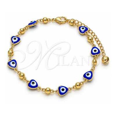 Oro Laminado Fancy Anklet, Gold Filled Style Evil Eye and Heart Design, Blue Enamel Finish, Golden Finish, 03.213.0037.2.10 (08 MM Thickness, 10 Inches Length)