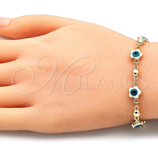 Gold Filled Bracelet — Fancy Bracelet Evil Eye and Flower Design White — alternate product view — SKU 140587 | Oro Laminado brazalete — elegante Bracelet Evil Eye and flor diseño blanco — SKU 140587