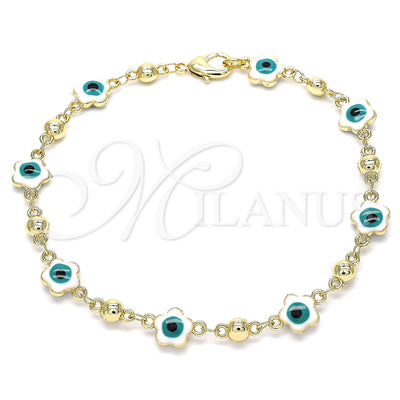 Oro Laminado Fancy Bracelet, Gold Filled Style Evil Eye and Flower Design, White Enamel Finish, Golden Finish, 03.213.0072.3.08 (08 MM Thickness, 8 Inches Length)
