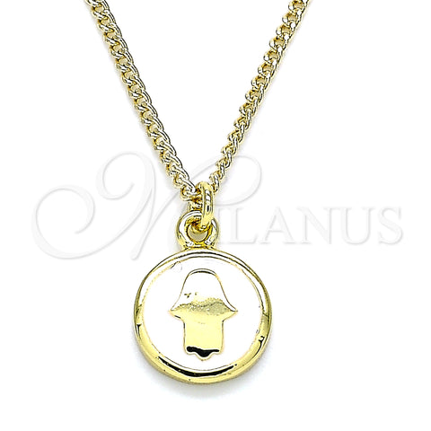 Oro Laminado Pendant Necklace, Gold Filled Style Hand of God Design, White Enamel Finish, Golden Finish, 04.374.0003.1.20 (02 MM Thickness, 20 Inches Length)