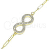 Oro Laminado Fancy Bracelet, Gold Filled Style Infinite and Paperclip Design, with White Micro Pave, Polished, Golden Finish, 03.156.0019.07 (03 MM Thickness, 7 Inches Length)