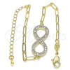 Oro Laminado Fancy Bracelet, Gold Filled Style Infinite and Paperclip Design, with White Micro Pave, Polished, Golden Finish, 03.156.0019.07 (03 MM Thickness, 7 Inches Length)