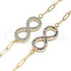 Oro Laminado Fancy Bracelet, Gold Filled Style Infinite and Paperclip Design, with White Micro Pave, Polished, Golden Finish, 03.156.0019.07 (03 MM Thickness, 7 Inches Length)