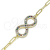 Oro Laminado Fancy Bracelet, Gold Filled Style Infinite and Paperclip Design, with Multicolor Micro Pave, Polished, Golden Finish, 03.156.0019.1.07 (03 MM Thickness, 7 Inches Length)