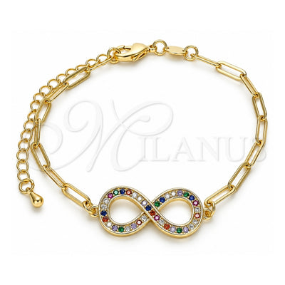 Oro Laminado Fancy Bracelet, Gold Filled Style Infinite and Paperclip Design, with Multicolor Micro Pave, Polished, Golden Finish, 03.156.0019.1.07 (03 MM Thickness, 7 Inches Length)