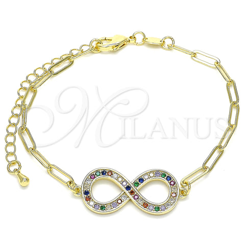 Oro Laminado Fancy Bracelet, Gold Filled Style Infinite and Paperclip Design, with Multicolor Micro Pave, Polished, Golden Finish, 03.156.0019.1.07 (03 MM Thickness, 7 Inches Length)
