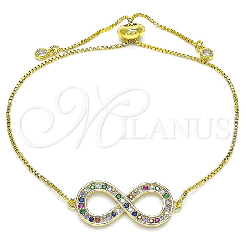 Oro Laminado Adjustable Bolo Bracelet, Gold Filled Style Infinite Design, with Multicolor Micro Pave and White Cubic Zirconia, Polished, Golden Finish, 03.156.0022.1.11 (01 MM Thickness, 11 Inches Length)