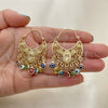 Oro Laminado Long Earring, Gold Filled Style Guadalupe and Evil Eye Design, Multicolor Resin Finish, Golden Finish, 02.380.0056