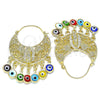 Oro Laminado Long Earring, Gold Filled Style Guadalupe and Evil Eye Design, Multicolor Resin Finish, Golden Finish, 02.380.0056