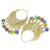 Oro Laminado Long Earring, Gold Filled Style Guadalupe and Evil Eye Design, Multicolor Resin Finish, Golden Finish, 02.380.0056
