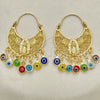 Oro Laminado Long Earring, Gold Filled Style Guadalupe and Evil Eye Design, Multicolor Resin Finish, Golden Finish, 02.380.0056