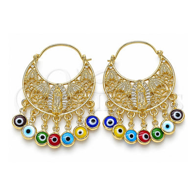 Oro Laminado Long Earring, Gold Filled Style Guadalupe and Evil Eye Design, Multicolor Resin Finish, Golden Finish, 02.380.0056