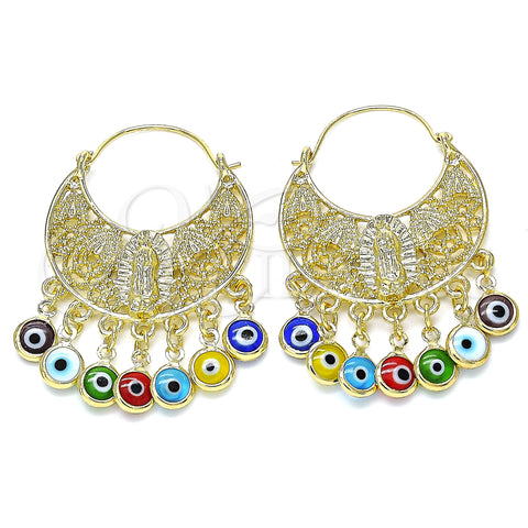 Oro Laminado Long Earring, Gold Filled Style Guadalupe and Evil Eye Design, Multicolor Resin Finish, Golden Finish, 02.380.0056