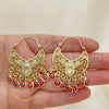 Oro Laminado Long Earring, Gold Filled Style Guadalupe and Evil Eye Design, Red Resin Finish, Golden Finish, 02.380.0056.1