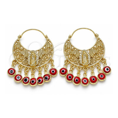 Oro Laminado Long Earring, Gold Filled Style Guadalupe and Evil Eye Design, Red Resin Finish, Golden Finish, 02.380.0056.1