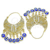 Oro Laminado Long Earring, Gold Filled Style Guadalupe and Evil Eye Design, Blue Resin Finish, Golden Finish, 02.380.0056.2