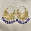 Oro Laminado Long Earring, Gold Filled Style Guadalupe and Evil Eye Design, Blue Resin Finish, Golden Finish, 02.380.0056.2