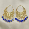 Oro Laminado Long Earring, Gold Filled Style Guadalupe and Evil Eye Design, Blue Resin Finish, Golden Finish, 02.380.0056.2