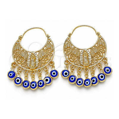 Oro Laminado Long Earring, Gold Filled Style Guadalupe and Evil Eye Design, Blue Resin Finish, Golden Finish, 02.380.0056.2