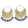 Oro Laminado Long Earring, Gold Filled Style Guadalupe and Evil Eye Design, Blue Resin Finish, Golden Finish, 02.380.0056.2