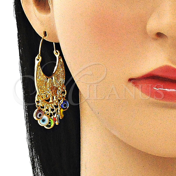 Gold Filled Ring — Long Earring Elephant and Evil Eye Design Multicolor — alternate product view — SKU 140625 | Oro Laminado anillo — Long Earring Elephant and Evil Eye diseño Multicolor — SKU 140625