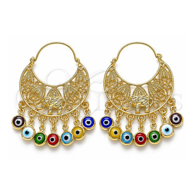 Oro Laminado Long Earring, Gold Filled Style Elephant and Evil Eye Design, Multicolor Resin Finish, Golden Finish, 02.380.0057