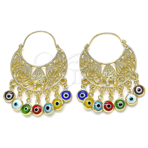 Oro Laminado Long Earring, Gold Filled Style Elephant and Evil Eye Design, Multicolor Resin Finish, Golden Finish, 02.380.0057