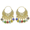 Oro Laminado Long Earring, Gold Filled Style Elephant and Evil Eye Design, Multicolor Resin Finish, Golden Finish, 02.380.0057