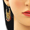 Oro Laminado Long Earring, Gold Filled Style Elephant and Evil Eye Design, Red Resin Finish, Golden Finish, 02.380.0057.1