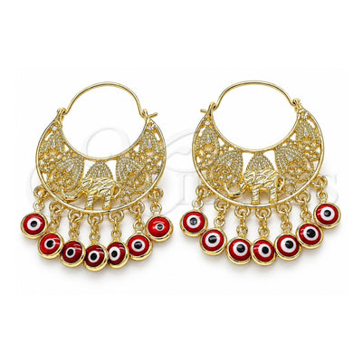 Oro Laminado Long Earring, Gold Filled Style Elephant and Evil Eye Design, Red Resin Finish, Golden Finish, 02.380.0057.1