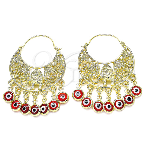 Oro Laminado Long Earring, Gold Filled Style Elephant and Evil Eye Design, Red Resin Finish, Golden Finish, 02.380.0057.1