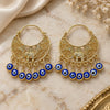 Oro Laminado Long Earring, Gold Filled Style Elephant and Evil Eye Design, Blue Resin Finish, Golden Finish, 02.380.0057.2