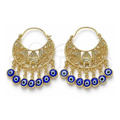 Oro Laminado Long Earring, Gold Filled Style Elephant and Evil Eye Design, Blue Resin Finish, Golden Finish, 02.380.0057.2