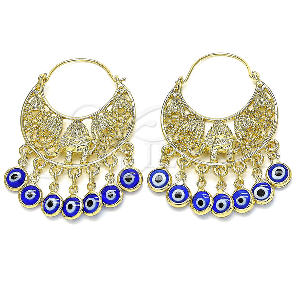 Oro Laminado Long Earring, Gold Filled Style Elephant and Evil Eye Design, Blue Resin Finish, Golden Finish, 02.380.0057.2