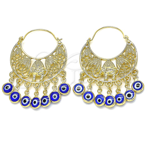 Oro Laminado Long Earring, Gold Filled Style Elephant and Evil Eye Design, Blue Resin Finish, Golden Finish, 02.380.0057.2